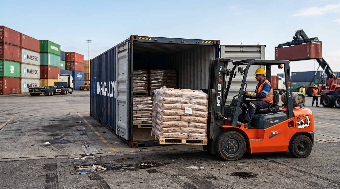 palletised bags being loaded into a shipping container at an export terminal